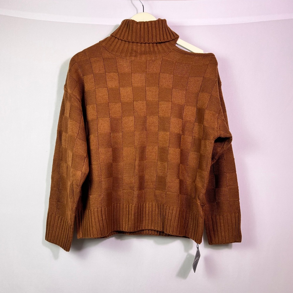 ZAFUL Womens Cold Shoulder Turtleneck Sweater Checkerboard Knit Brown Size M NEW